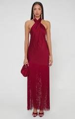 Jasmine Fringe Maxi Dress ~ Cranberry Luxe Satin