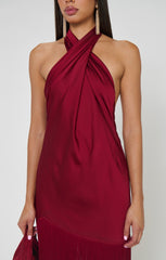 Jasmine Fringe Maxi Dress ~ Cranberry Luxe Satin