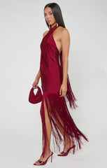 Jasmine Fringe Maxi Dress ~ Cranberry Luxe Satin