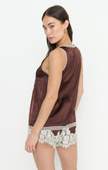 Sandra Top ~ Chocolate Satin with Lace Trim