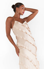 Romance Ruffle Dress ~ Champagne Luxe Satin
