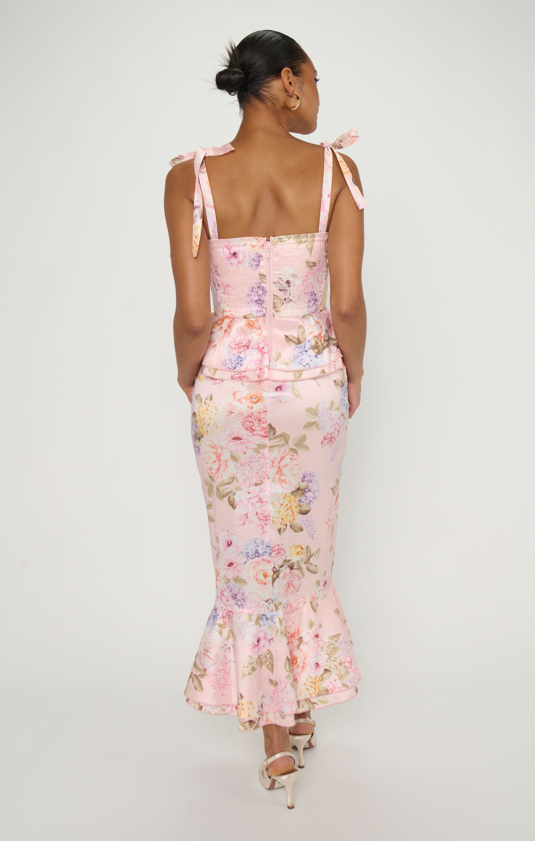 Pauline Peplum Dress ~ Powder Pink Blooms Taffeta