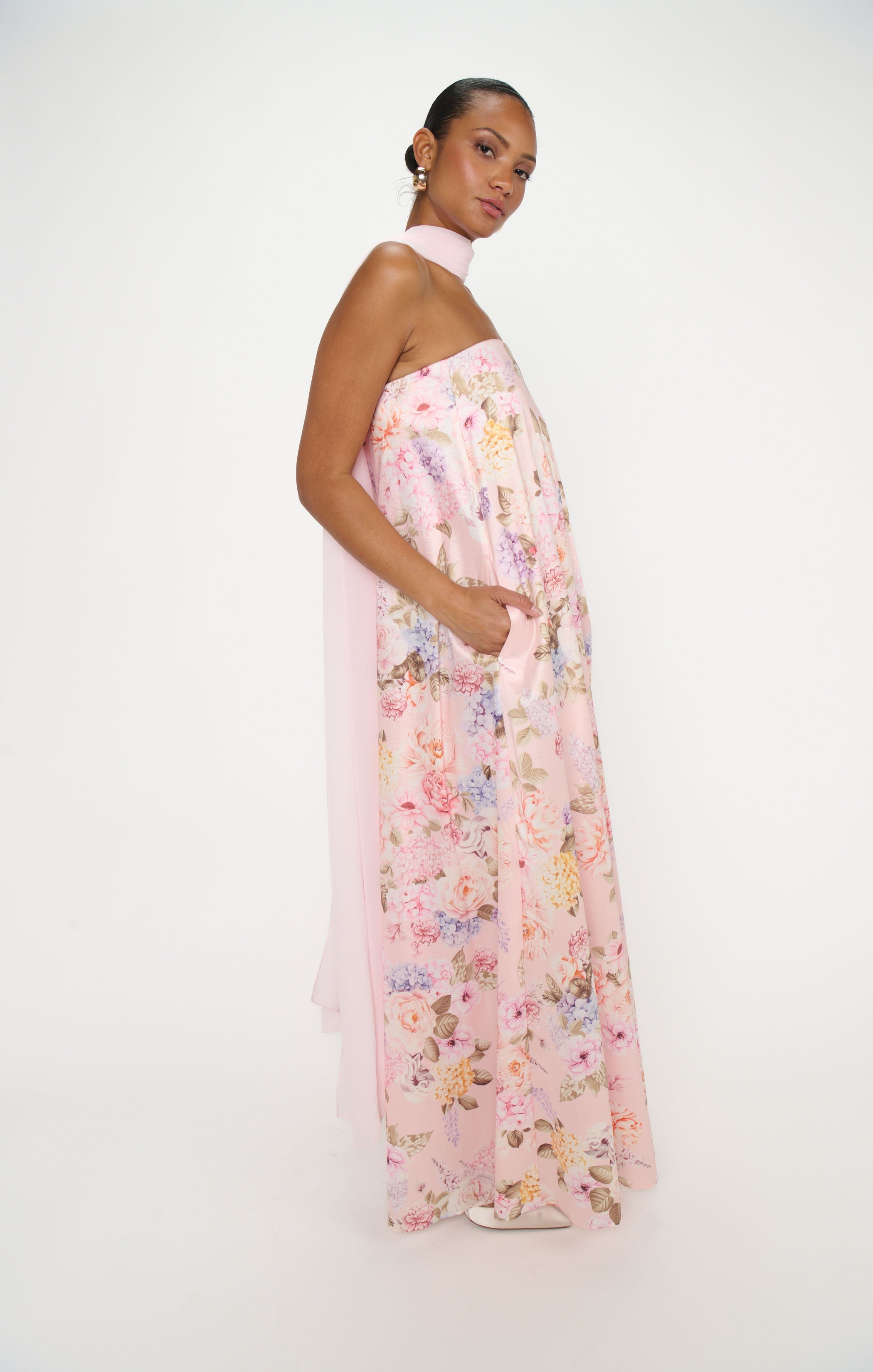Tinsley Tube Dress ~ Powder Pink Blooms Taffeta