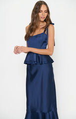 Pauline Peplum Dress ~ Midnight Navy Luxe Satin