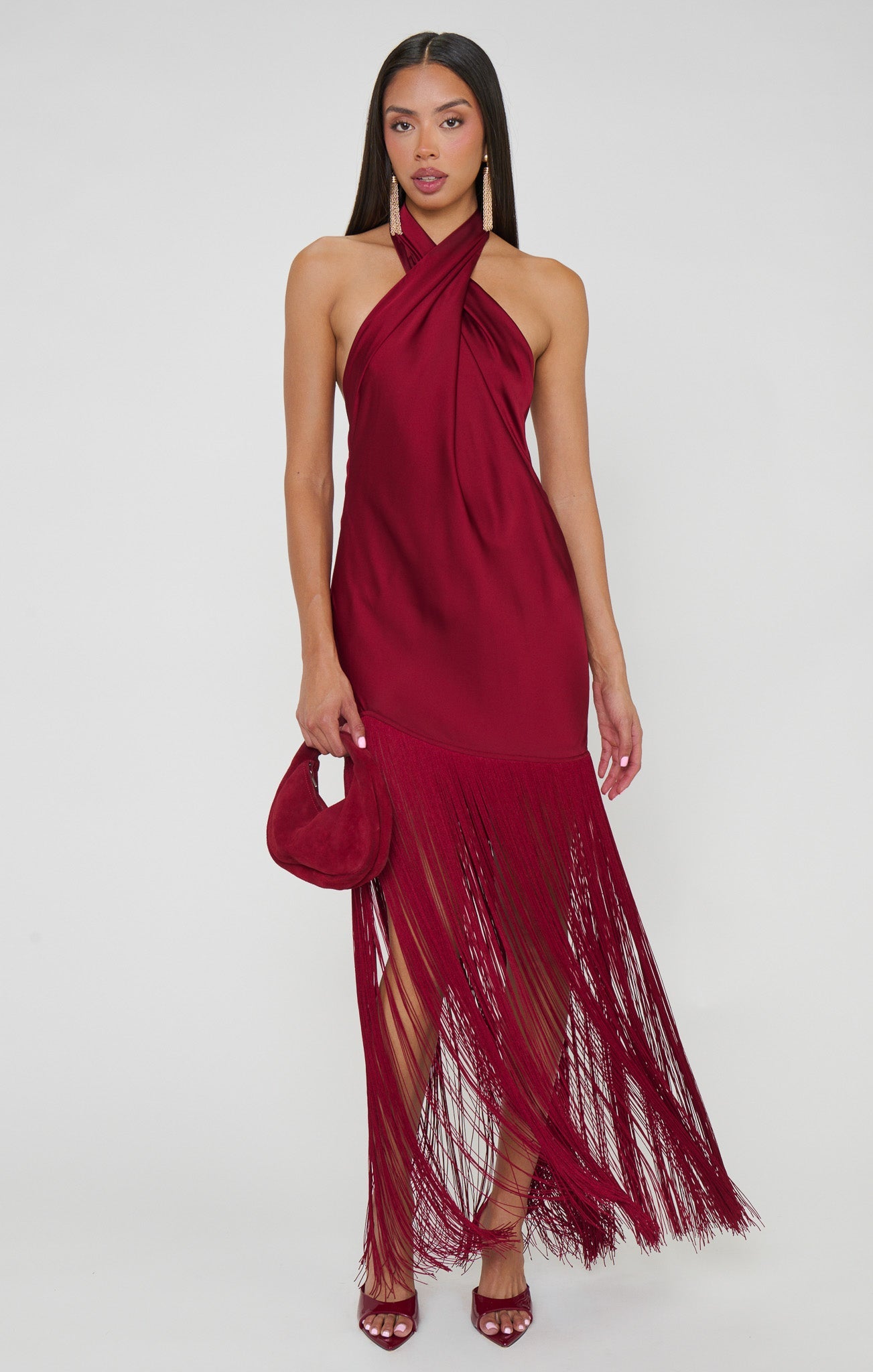 Jasmine Fringe Maxi Dress ~ Cranberry Luxe Satin