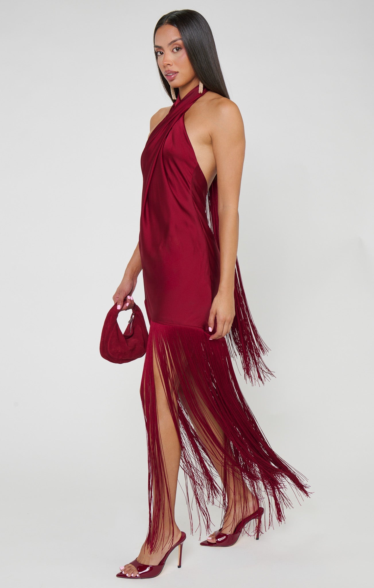 Jasmine Fringe Maxi Dress ~ Cranberry Luxe Satin