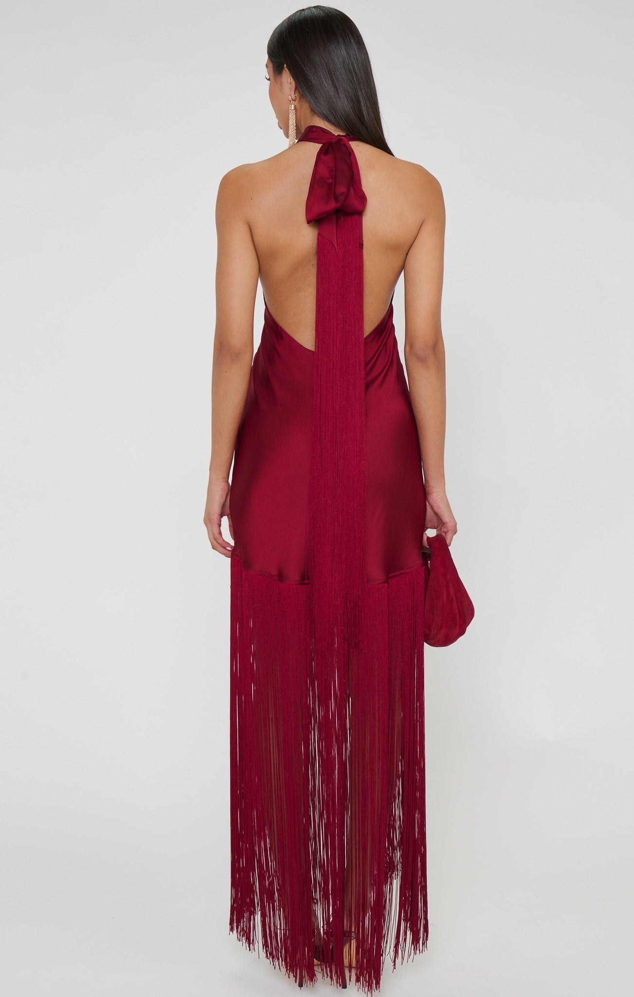 Jasmine Fringe Maxi Dress ~ Cranberry Luxe Satin