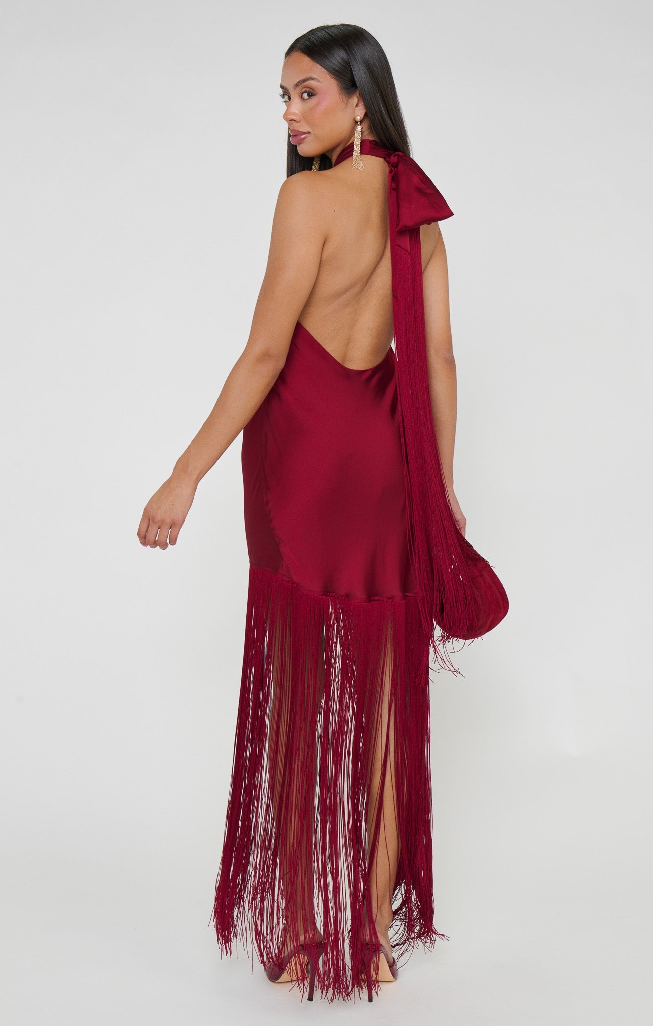 Jasmine Fringe Maxi Dress ~ Cranberry Luxe Satin
