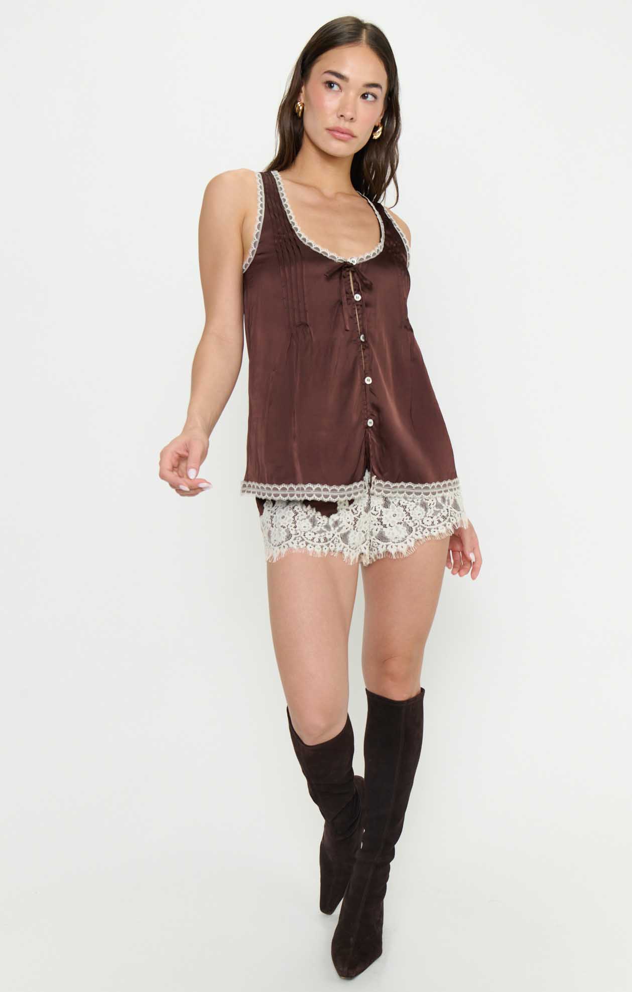 Sandra Top ~ Chocolate Satin with Lace Trim