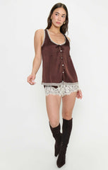 Sandra Top ~ Chocolate Satin with Lace Trim