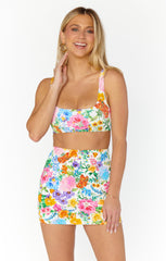 Mary Mini Skirt ~ Ivory Botanical Rib Scrunch