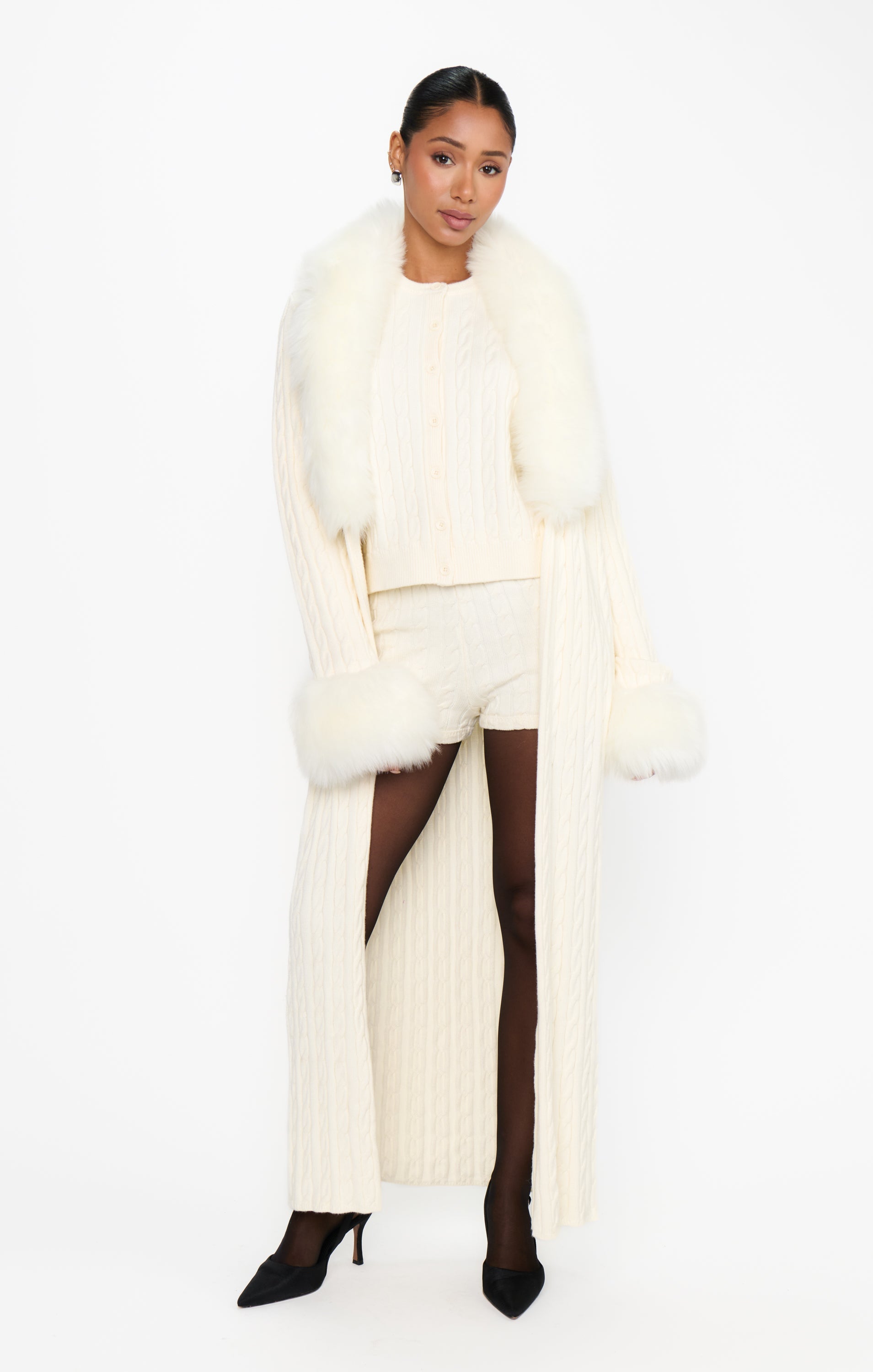 Stormi Cardigan ~ Snow Cable Knit with Faux Fur
