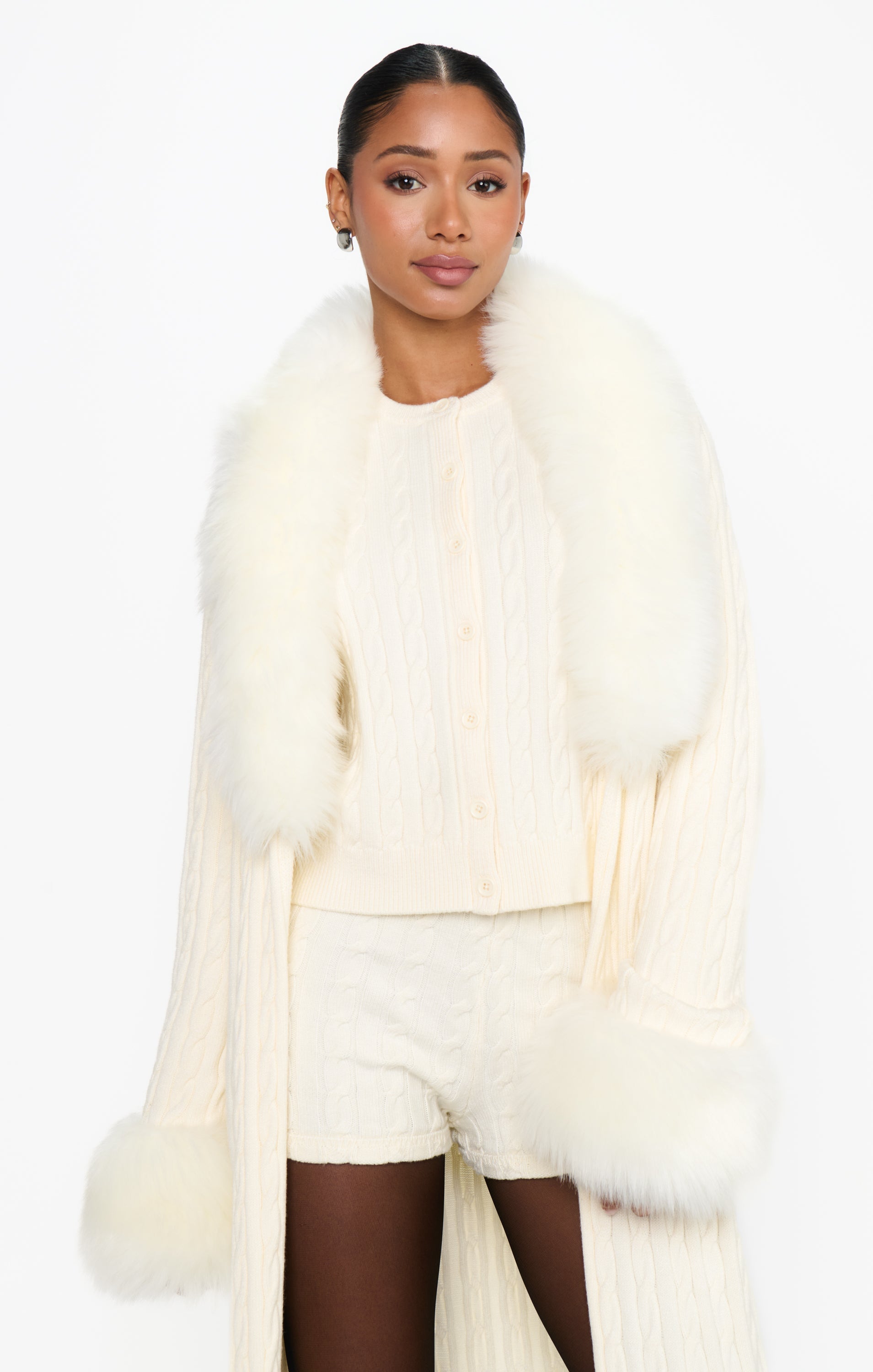 Stormi Cardigan ~ Snow Cable Knit with Faux Fur
